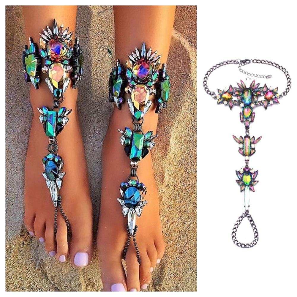 Multicolored Crystal Rhinestone Barefoot Sandals Anklet Set